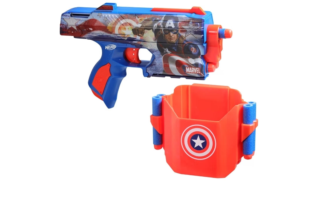 Nerf Marvel Captain America Dart Blaster, 10 Elite Darts, Holster, Toy Foam Blasters for 8 Year Old Boys & Girls & Up