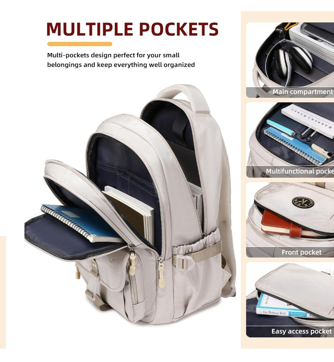 College Backpack, Travel Laptop Backpacks, Large Kids School Bag for Teens Girls Boys Students Bookbag Fit for 15.6 Inch Computer Waterproof Business Work Back Pack for Women Men Daypack Beige