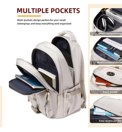 College Backpack, Travel Laptop Backpacks, Large Kids School Bag for Teens Girls Boys Students Bookbag Fit for 15.6 Inch Computer Waterproof Business Work Back Pack for Women Men Daypack Beige