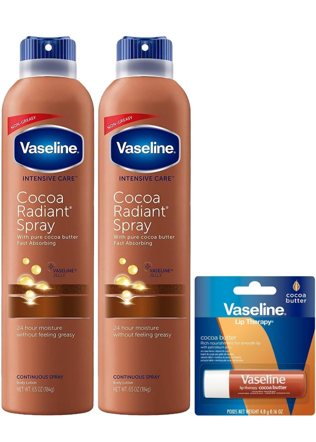 Vaseline Cocoa Radiant Spray 2-Pack for Dry Skin + Vaseline Lip Therapy Cocoa Butter Lip Balm (3 Piece Set)