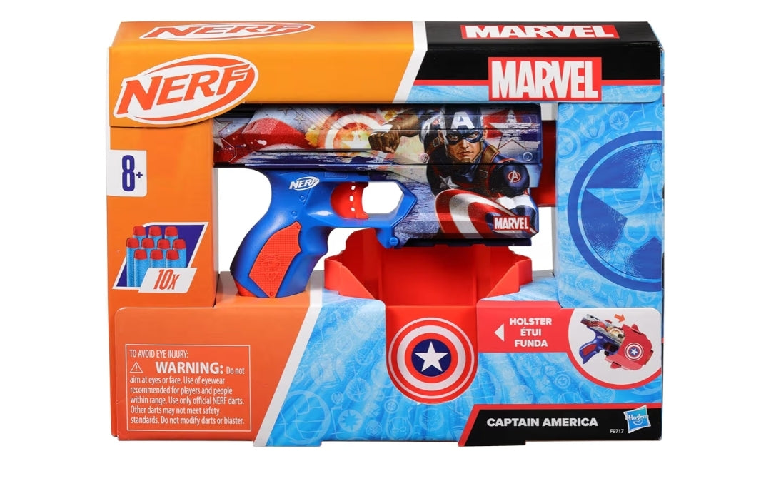 Nerf Marvel Captain America Dart Blaster, 10 Elite Darts, Holster, Toy Foam Blasters for 8 Year Old Boys & Girls & Up