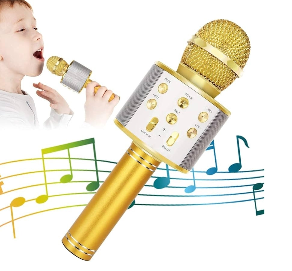Wireless BT 5-in-1 Portable Handheld Karaoke Mic Speaker Player Recorder w/ Adjustable Remix FM Radio - (Gold)