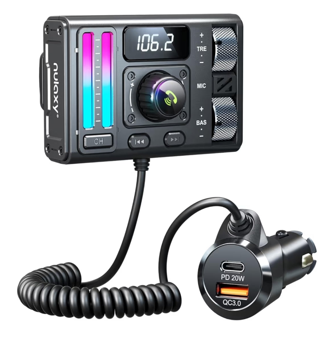 Bluetooth 5.3 Motor-FM-sender m/ Spiraal Intrekbare Kabel, DSP-geraasdemping & Tipe-C, Hands-vrye Oproepe & Musiekstroming