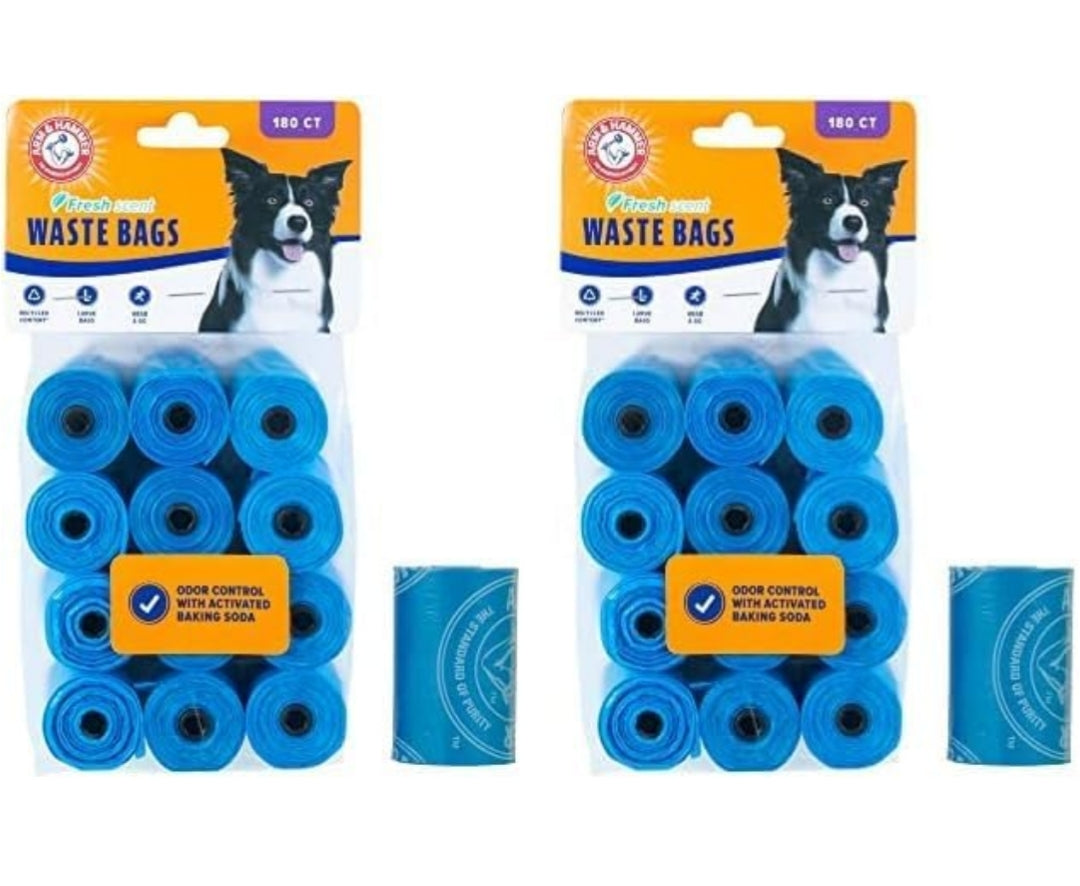 Arm & Hammer Durable Disposable Dog And Cat Waste Bags w/ Activated Baking Soda, 180CT 9 x 14"- Blue (Pack of 2)