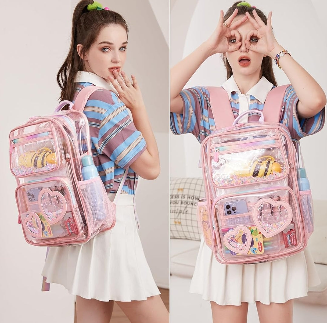 Clear Backpack for Girls Women Transparent Kids Elementary College School Bag Travel Laptop Backpacks Large Bookbags (Pink)