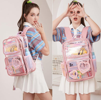 Clear Backpack for Girls Women Transparent Kids Elementary College School Bag Travel Laptop Backpacks Large Bookbags (Pink)
