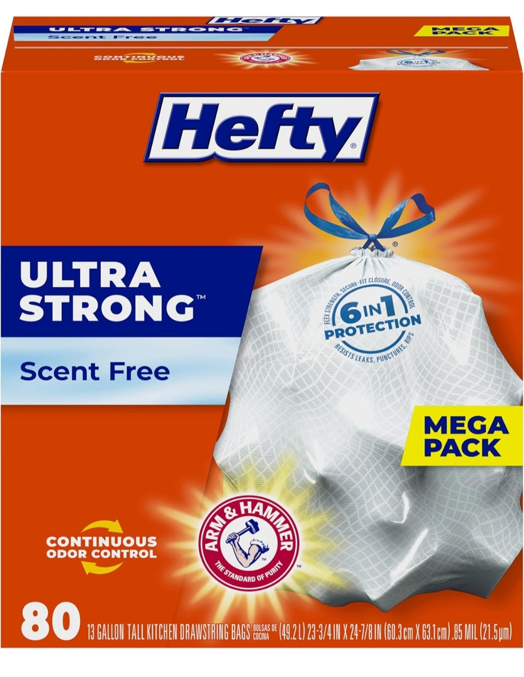 Hefty Ultra Strong 13 Gallon Trash Bags 13 Gallon Size, Drawstring Closure Odor Control - White/Unscented (80 Bags)