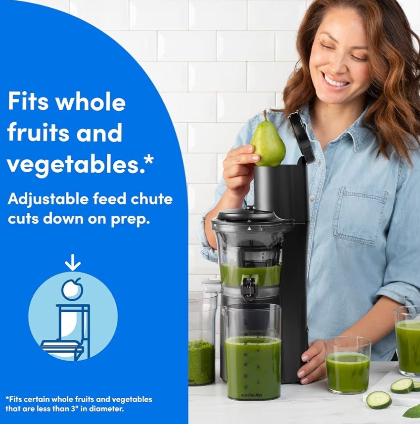 NutriBullet Slow Juicer Masjien, Stil Motor & Trufunksie, BPA-vry, Koueparsversapper met Borsel, 150 Watt - Houtskoolswart