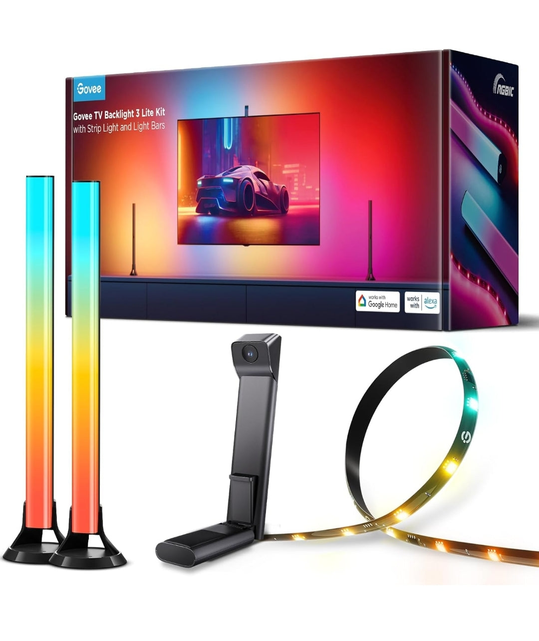 Govee TV Backlight 3 Lite Kit, 11.8ft RGBICW Wi-Fi TV LED Strip Lights for 55-65in TVs with Camera and 15 Inches Smart Light Bars with 4-in-1 Light Beads - Works with Alexa & Google Home