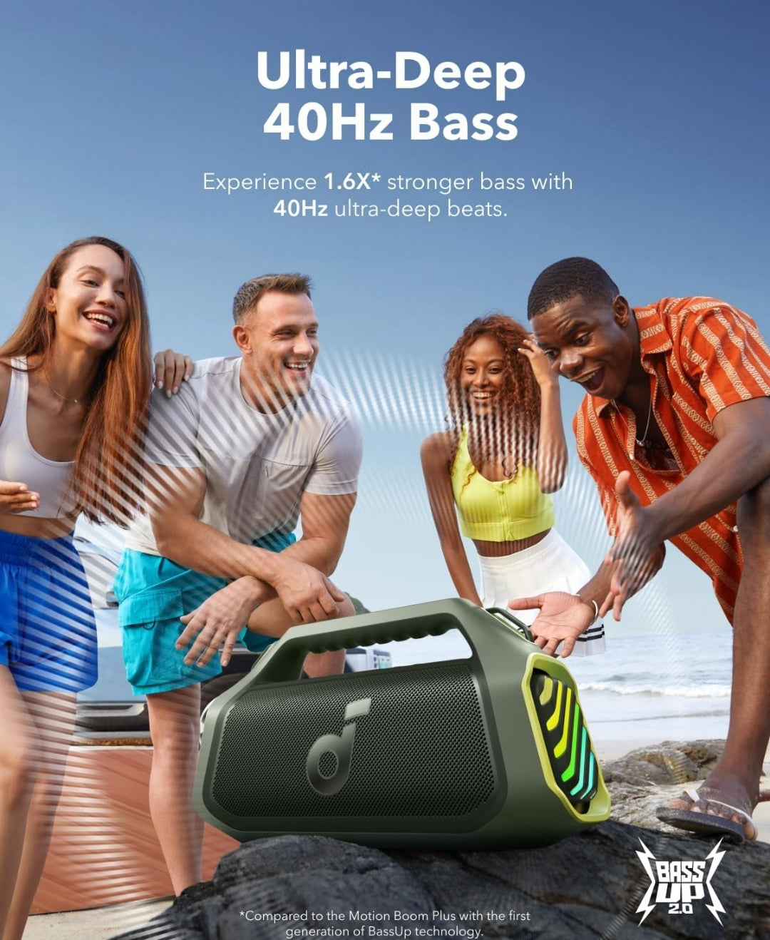 Soundcore Boom 2 Plus By Anker, Outdoor Speaker, 140W, 2+2 Channel, BassUp 2.0, 20H Playtime, Fast Charge, IPX7 Waterproof, RGB Lights, Power Bank, Bluetooth 5.3, Portable for Outdoors, Camping, Beach