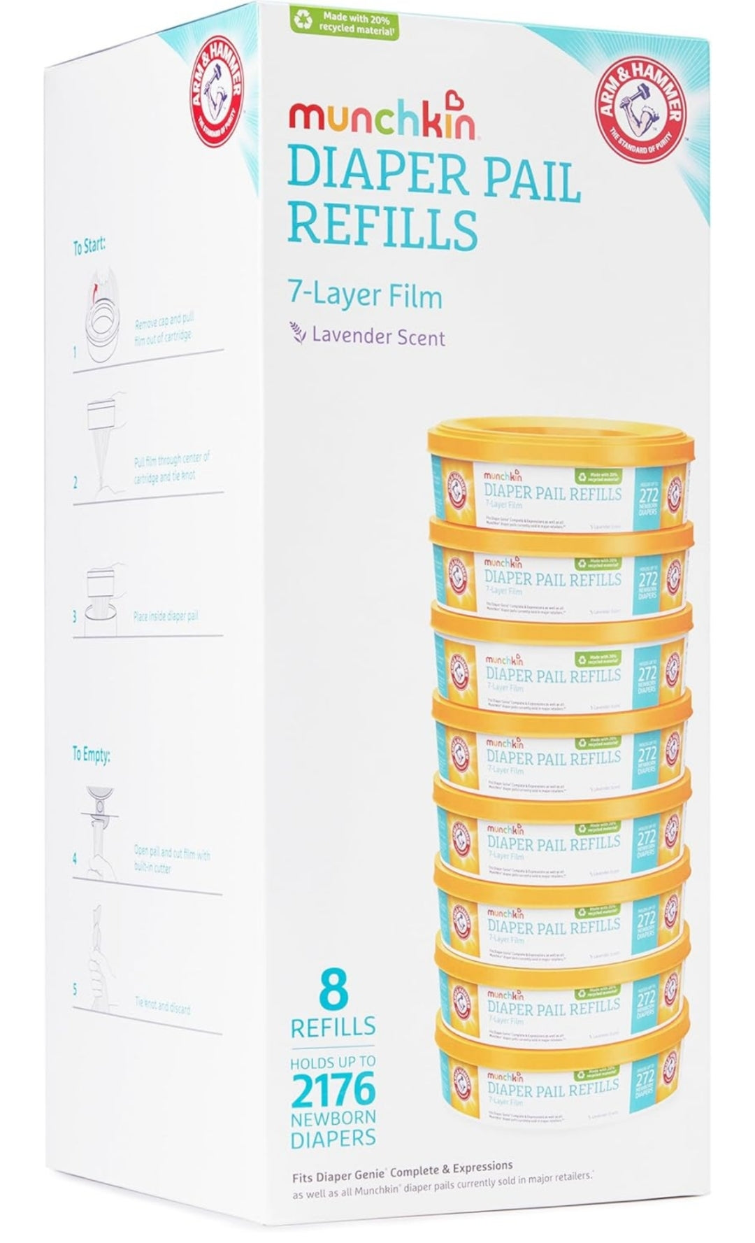 Munchkin Arm & Hammer Diaper Pail Refill Rings, Holds up to 2,176 Newborn Diapers - (8 Pack)