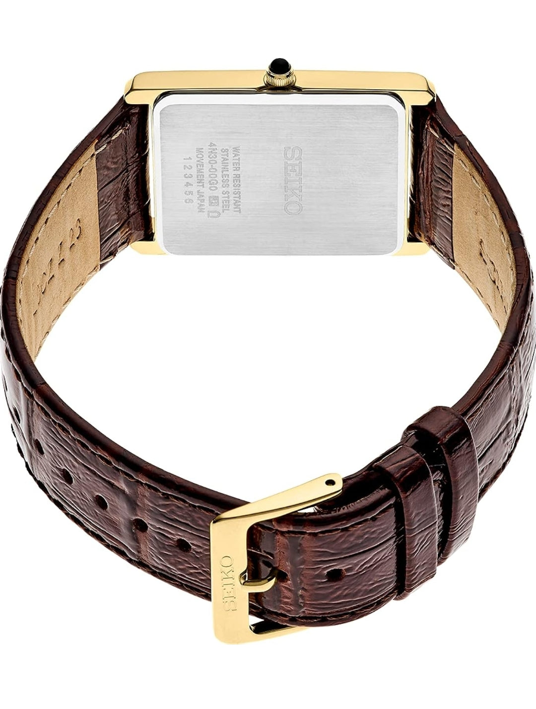 Seiko Essentials-horlosie Waterbestand m/ Vlekvrye Staal Reghoekige Kassie en Leerband - Sjampanje