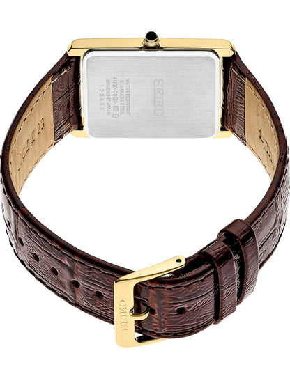 Seiko Essentials-horlosie Waterbestand m/ Vlekvrye Staal Reghoekige Kassie en Leerband - Sjampanje