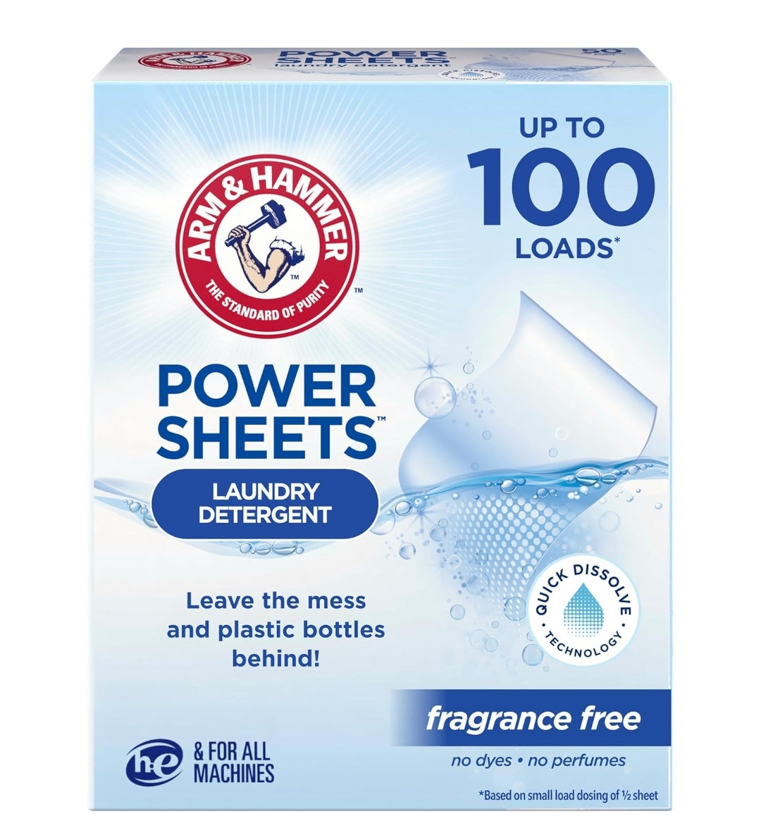 ARM & HAMMER Power Sheets Laundry Detergent, Fragrance Free, Dermatologist Tested (50 CT)