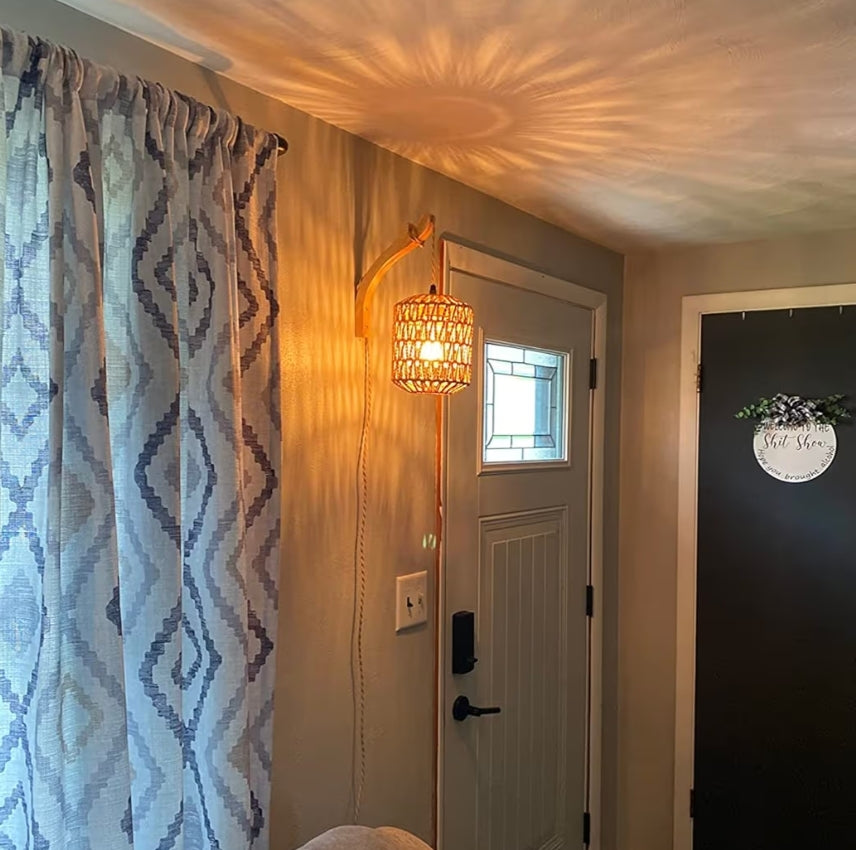 Rattan-muurlamp m/proppie-kabel, handgeweefde proppie-muurkandelare, papierkabel-muurlamp gemonteer