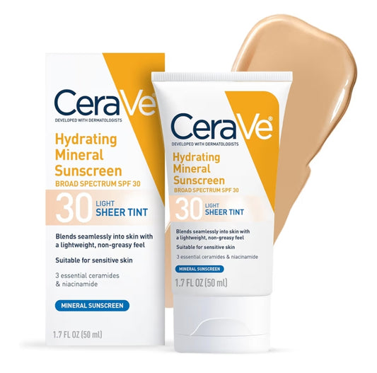 CeraVe Hydrating Mineral Sunscreen SPF 30 met Deursigtige Tint, met Sinkoksied & Titaandioksied Lig (1.7 Oz)
