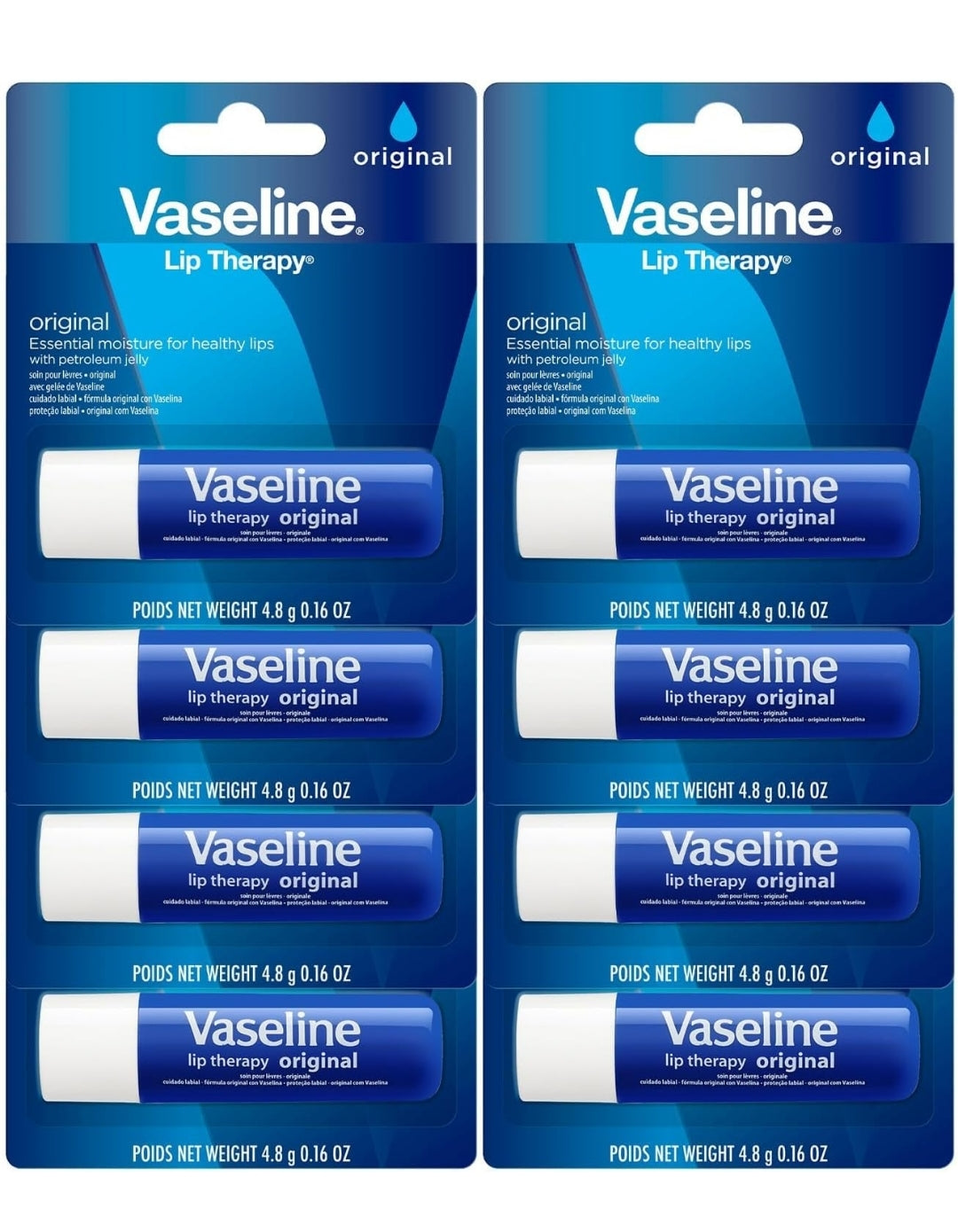 Vaseline Lip Therapy Original 8-Pack – Moisturizing Lip Balm for Very Dry Lips, 0.16 Oz Ea