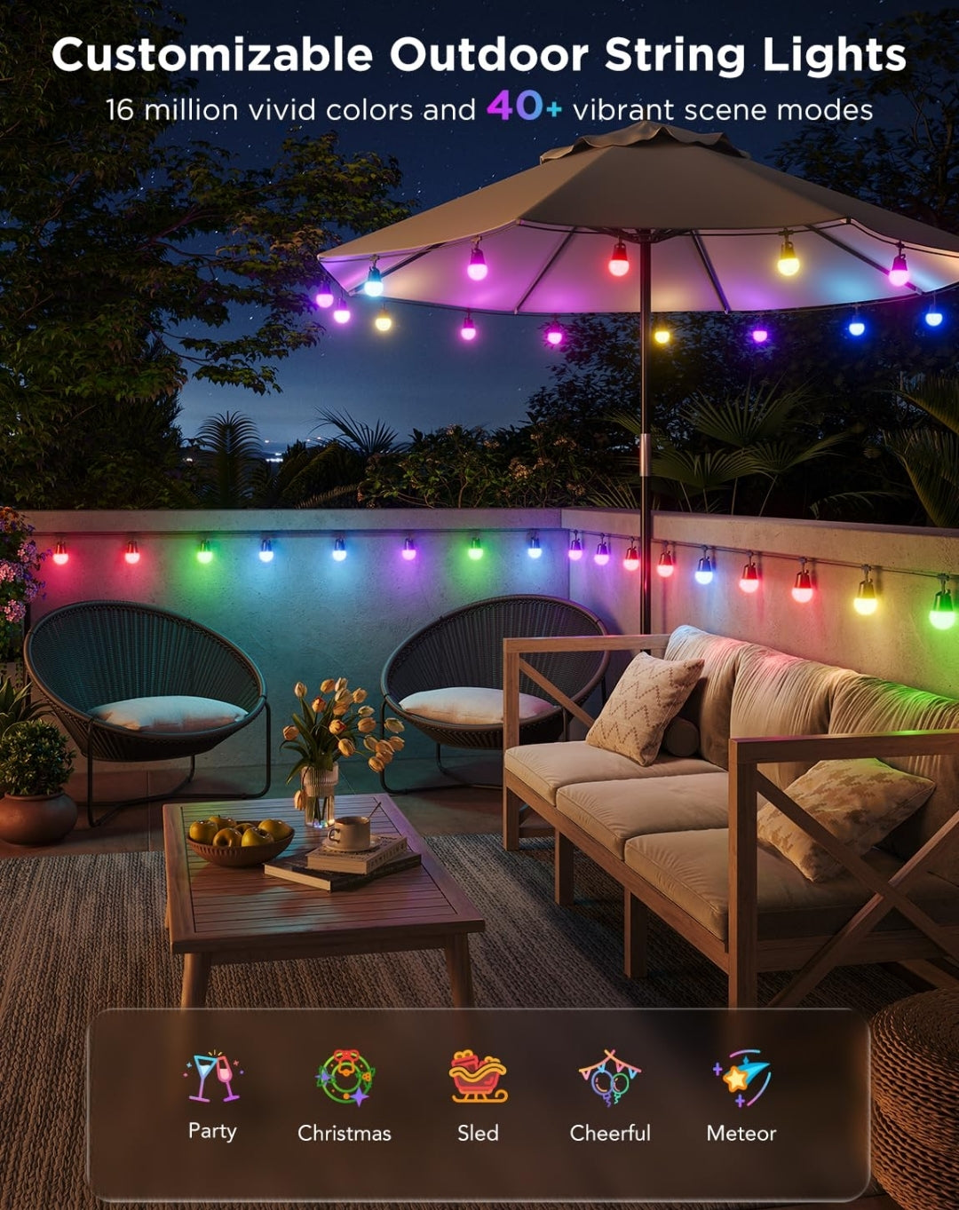 Govee Smart Outdoor String Lights 2, 96ft RGBIC Outdoor Lights with Dimmable Warm White LED Bulbs, 47 Scene Modes for Patio, Backyard, IP65 Waterproof, Works with Alexa, App Control