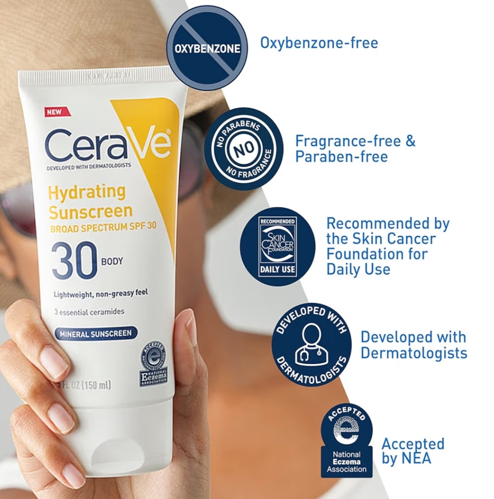 CeraVe 100% Minerale Sonbrandroom SPF 30 met Sinkoksied en Titaandioksied, Hialuronzuur en Skeramiede, Olievry (147ml)