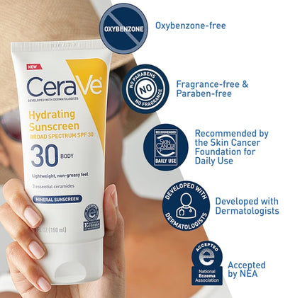 CeraVe 100% Minerale Sonbrandroom SPF 30 met Sinkoksied en Titaandioksied, Hialuronzuur en Skeramiede, Olievry (147ml)