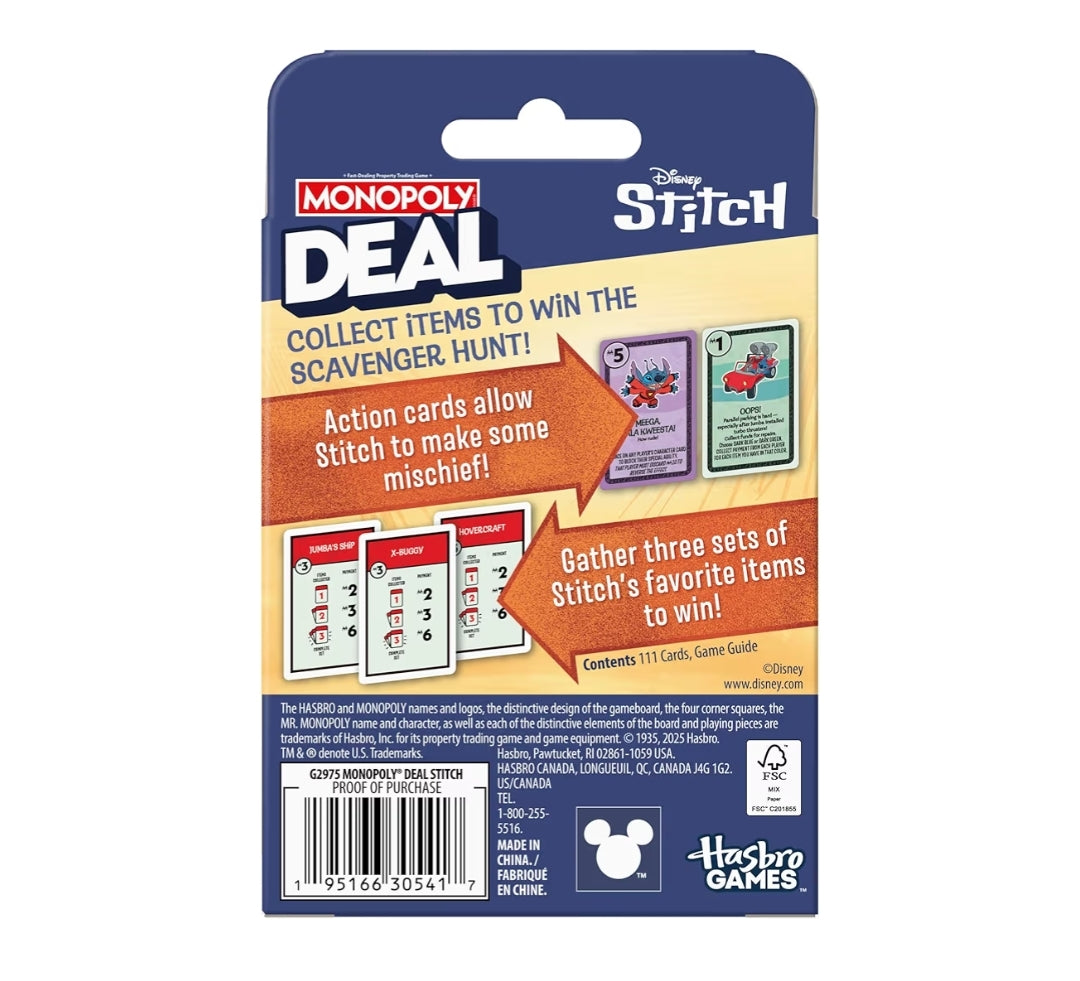 Monopoly Deal: Disney Stitch Edition Card Game | Based on Disney’s Lilo & Stitch | Officially Licensed Disney Kids Games | Ages 8+| 2-5 Players | Christmas Stocking Stuffers