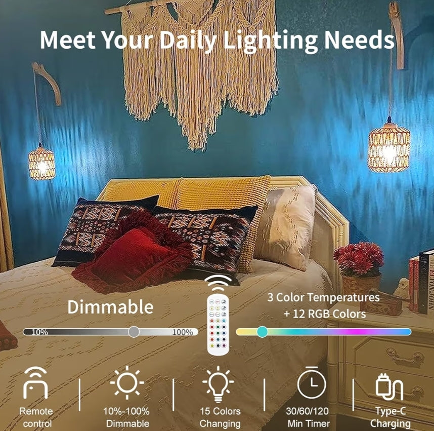 Boho Herlaaibare Muurligte Stel van Twee m/ Afstandbeheer, RGB 15 Kleure Verstelbare Battery-Aangedrewe Muurlig, Draadlose Muurlamp vir Binneshuis