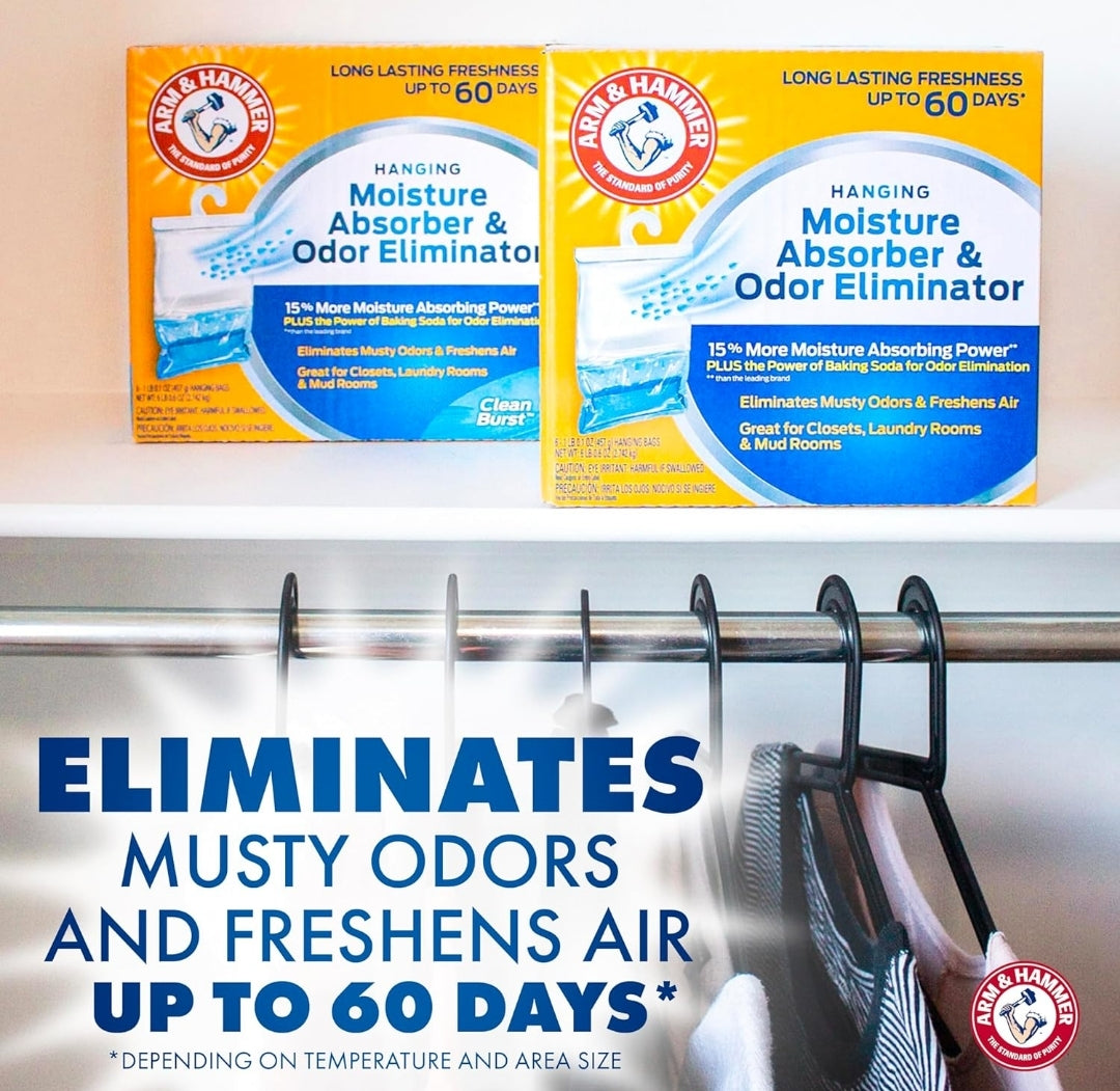 Arm & Hammer Hanging Moisture Absorber and Odor Eliminator, 16.1 oz., 6 Pack, Fragrance Free, Moisture Absorbers for Closet and Small Rooms, Long-Lasting Freshness
