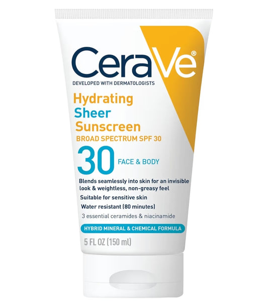 CeraVe Hydrating Sheer Sunscreen SPF 30 Minerale met Sinkoksied, Hialuroonsuur en Ceramides, Parabeenvry + Reukvry (148ml)