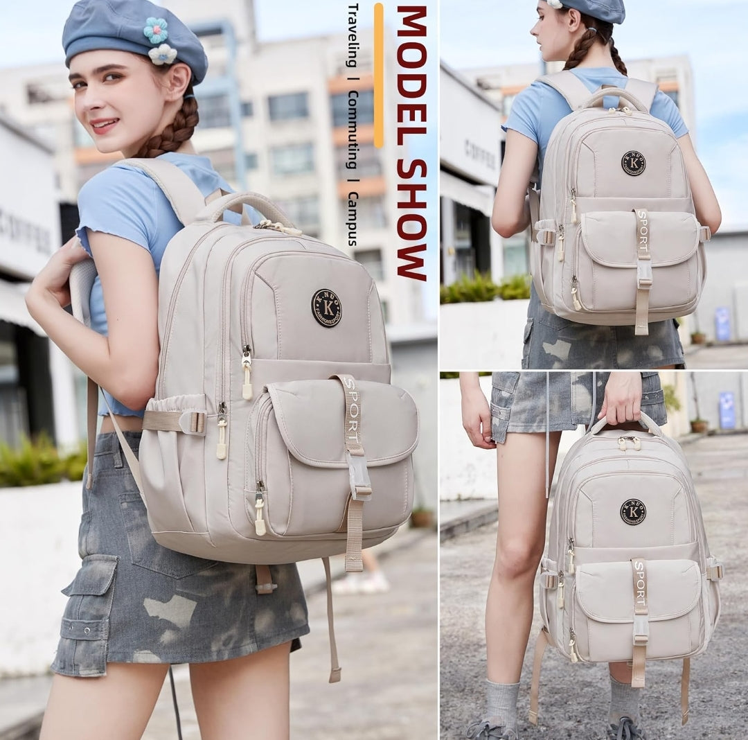 College Backpack, Travel Laptop Backpacks, Large Kids School Bag for Teens Girls Boys Students Bookbag Fit for 15.6 Inch Computer Waterproof Business Work Back Pack for Women Men Daypack Beige