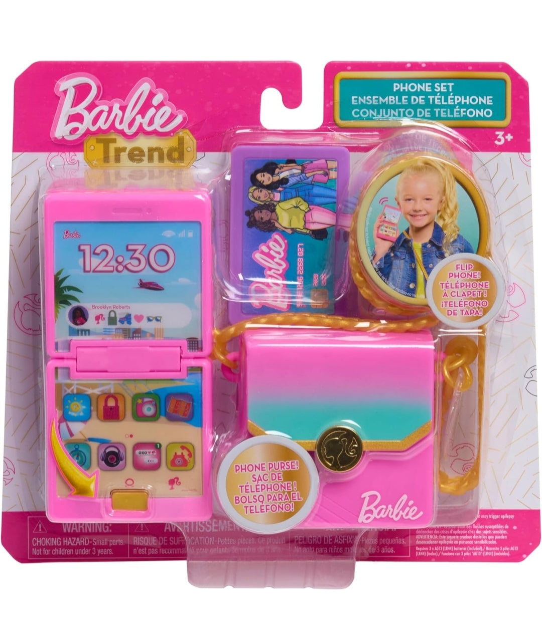 Barbie Trend Lights and Sounds Phone Set, 4-Pieces, Interactive Toy Phone, Toy Purse, Dress Up and Pretend Play, Kids Toys for Ages 3 Up by Just Play