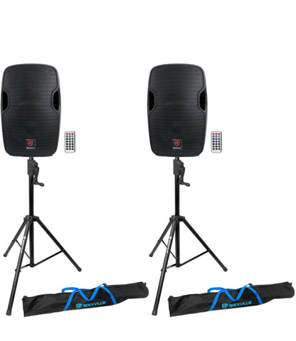Rockville (2) BPA12 12" Aangedrewe 600 Watt DJ PA Luidsprekers + Opwen-Luidsprekerstaanders (Swart)