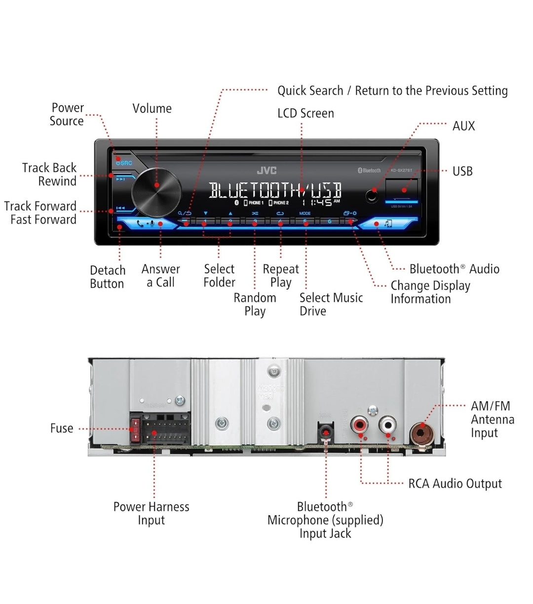 JVC KD-SX27BT Motorstereo met Bluetooth, 100W Digitale Media-ontvanger, 1.5A USB om Toestelle te Laai, Enkel DIN Hoofeenheid, AM/FM, Aux-in, JVC Afstandsbeheer Toepassing
