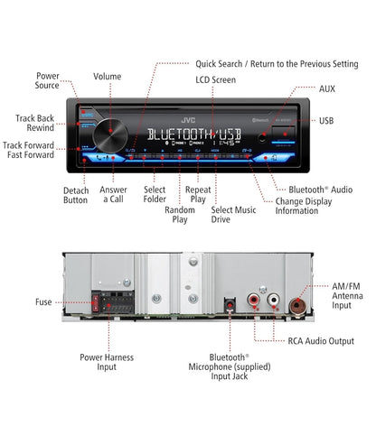 JVC KD-SX27BT Motorstereo met Bluetooth, 100W Digitale Media-ontvanger, 1.5A USB om Toestelle te Laai, Enkel DIN Hoofeenheid, AM/FM, Aux-in, JVC Afstandsbeheer Toepassing