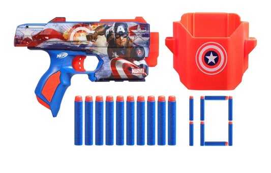Nerf Marvel Captain America Dart Blaster, 10 Elite Darts, Holster, Toy Foam Blasters for 8 Year Old Boys & Girls & Up
