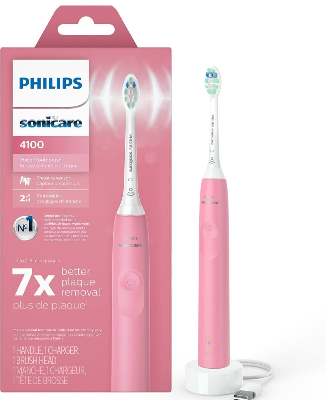 Philips Sonicare 4100 Herlaaibare Elektriese Tandeborsel, met Druksensor, 2 Intensiteitstellings – Diep Pienk (Model HX3681/26)