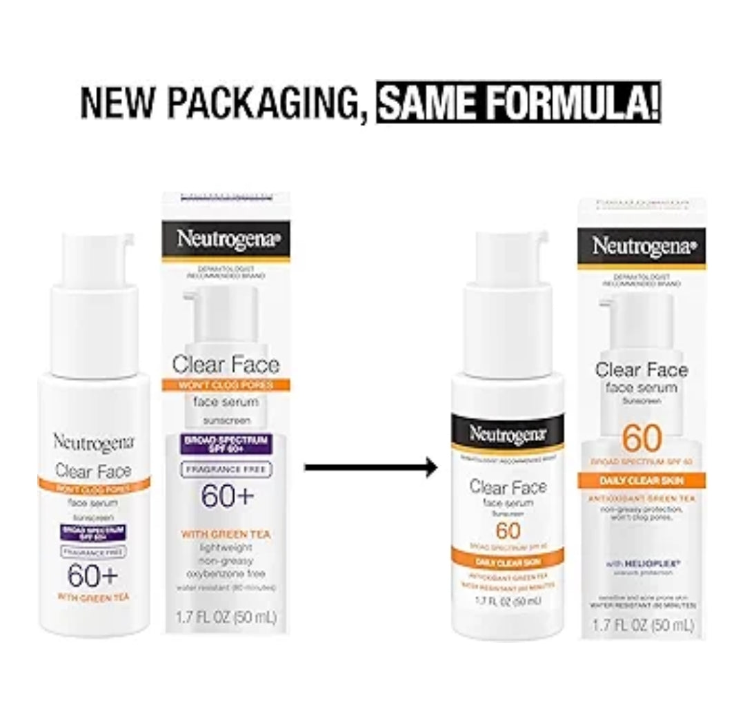 Neutrogena Clear Face Serum Sonbrandmiddel met Groen Tee SPF 60 Nie-komedogenies Liggewig UVA/UVB-beskerming & Geurloos - 1.7 fl. oz