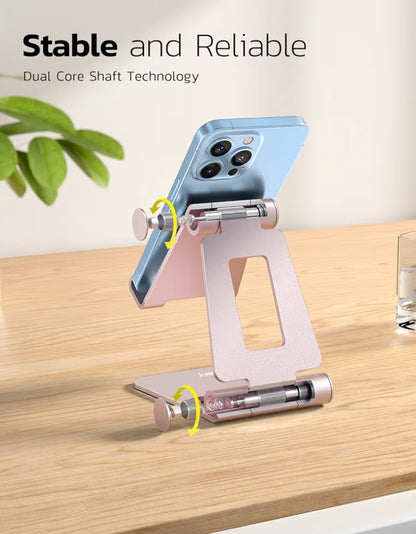 Dubbelvou volledig verstelbare opvoubare telefoonstaander/houer versoenbaar met iPhone 11-17 Pro Max Xs Xr X 8, Nintendo Switch, Alle Fone - (Roosgoud)