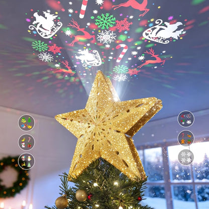 Kersboomtopligte Ster met 6 Geprojekteerde Patrone, 3D Hol met Roterende Magiese Projektor vir Kersboomornament - (Goud)
