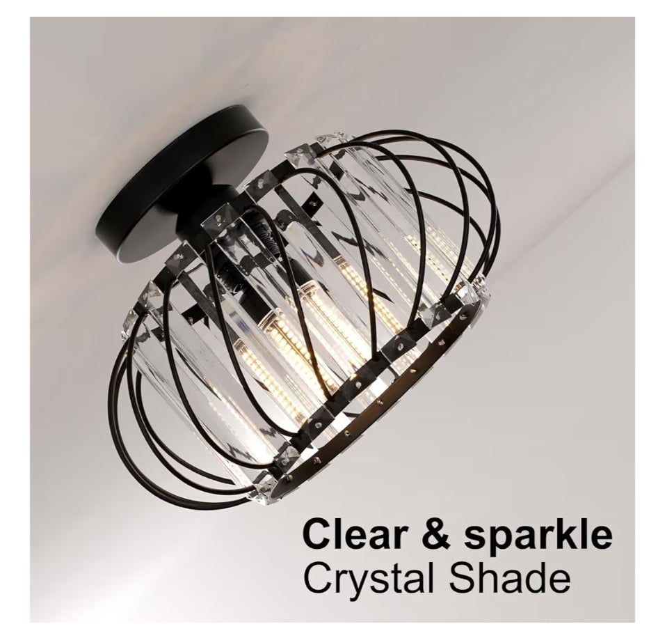 Semi-Flush Mount Plafonlig Kristalkandelaar Moderne Swart Plafonlig Armatuur, Gangbeligting