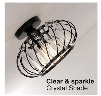 Semi-Flush Mount Plafonlig Kristalkandelaar Moderne Swart Plafonlig Armatuur, Gangbeligting
