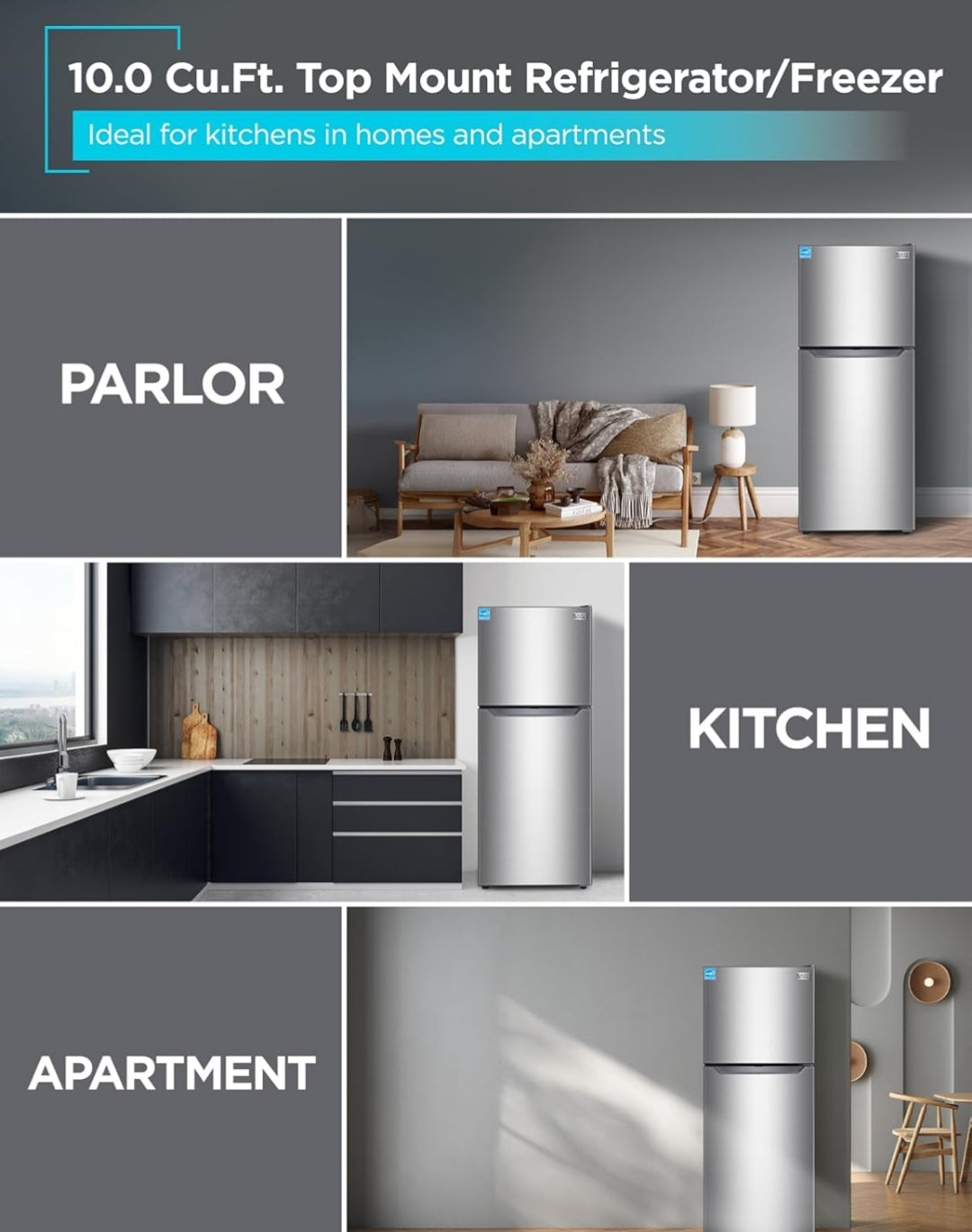 BLACK+DECKER 10 Kvt. Vt. Bo-gemonteerde Yskas met Vrieskas, 2 Deur Yskas met Bo-vrieskas en Verstelbare Temperatuurbeheer, ENERGY STAR, BR1000HS, Vlekvrye Staal Voorkoms