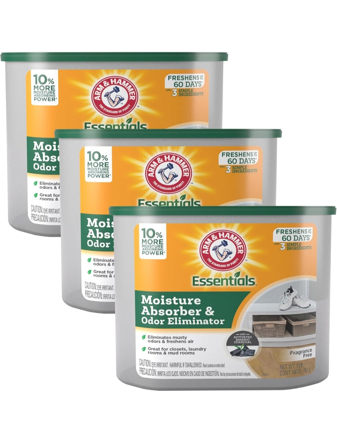 Arm & Hammer Essentials Disposable Moisture Absorber and Odor Eliminator Tub, Fragrance Free, 1 lb. (Pack of 3)
