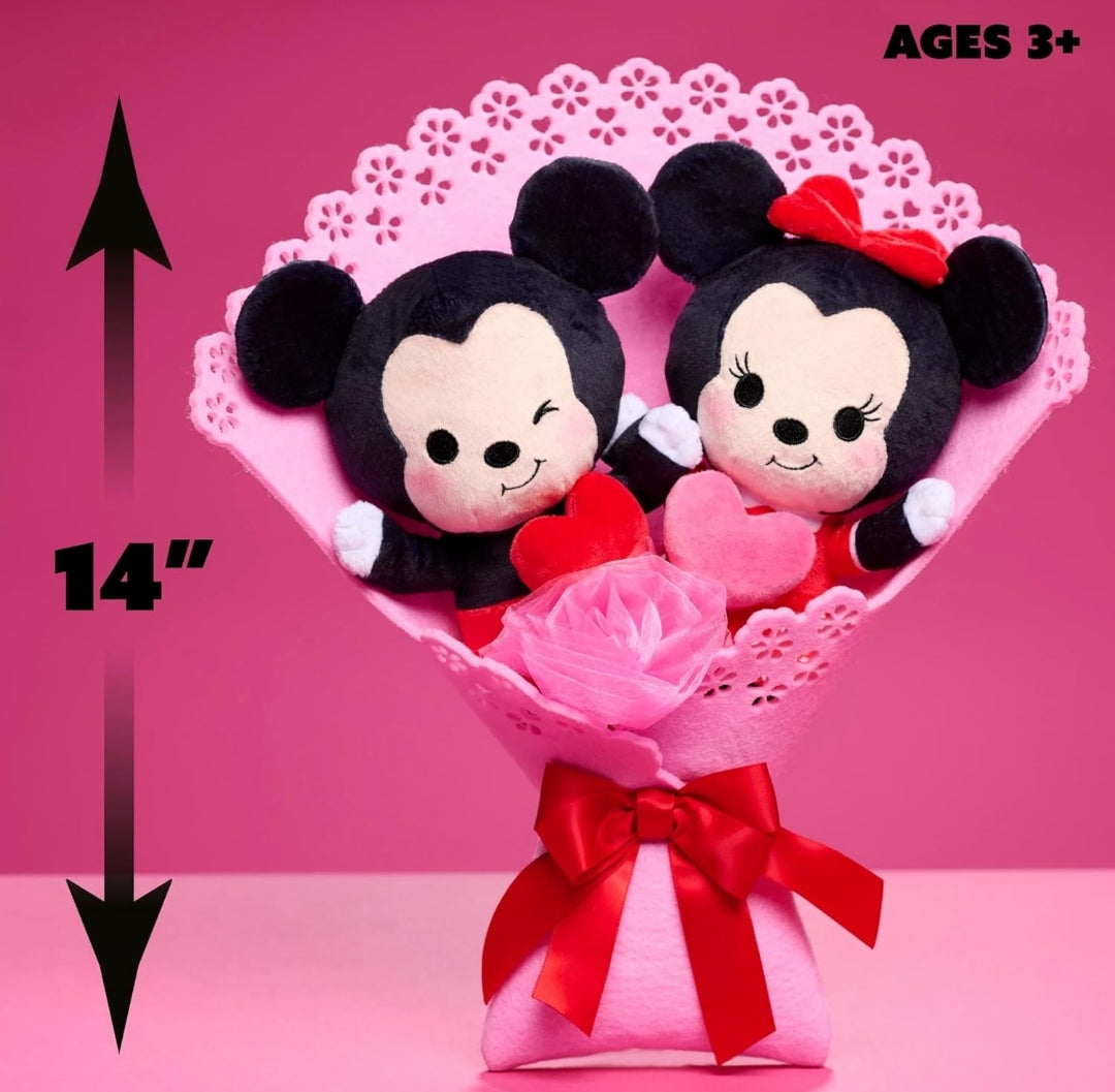 Just Play Disney Valentine’s 13.5" Bouquet w/ Medium Mickey Mouse and Minnie Mouse Plush Stuffed Animals Collectible Plush Hearts