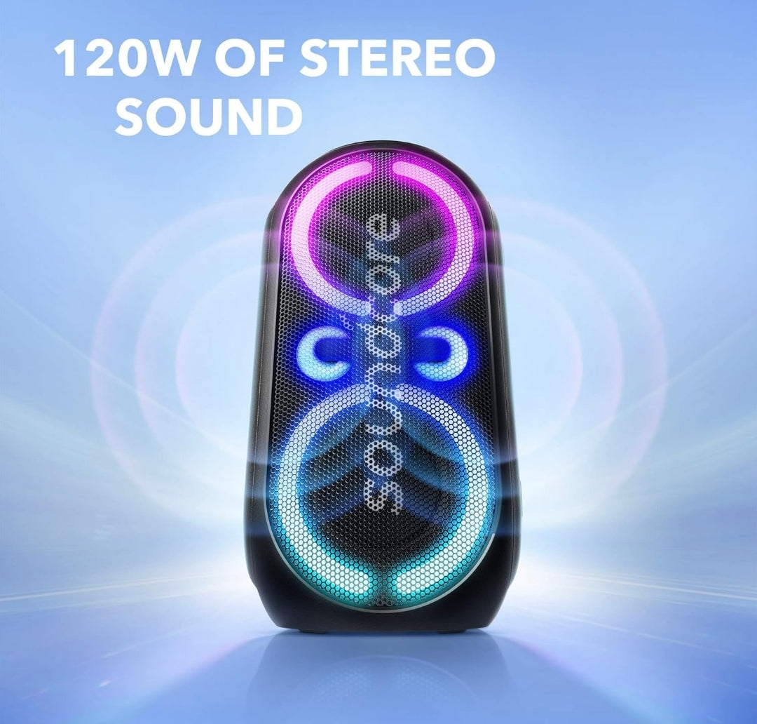 Soundcore Anker Rave Party 2 Portable Speaker, 120W Stereo Sound, PartyCast 2.0, Light Show, IPX4 Water-Resistant, 16H Playtime, Mic Input, Custom EQ & Bass Up for Party, Tailgating, Backyard, Pool