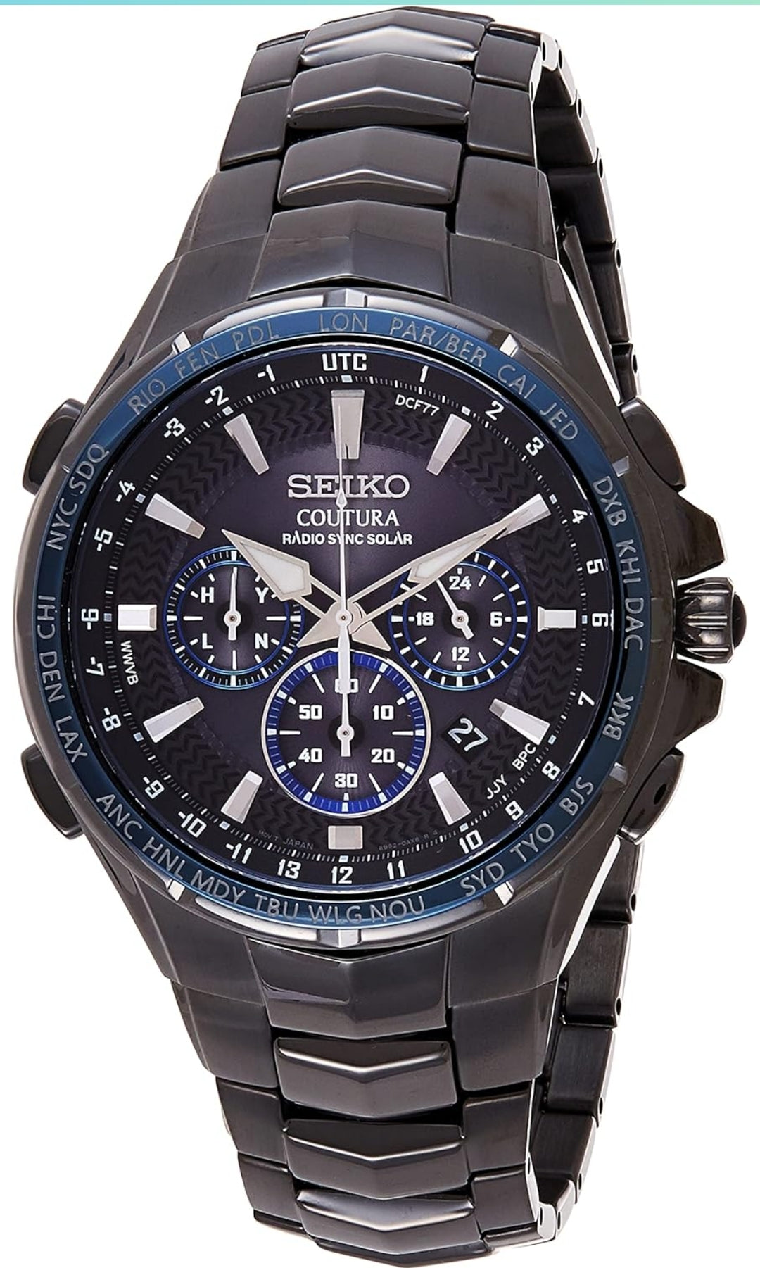 SEIKO-horlosie vir Mans - Coutura-versameling - Radio Sync Solar Chronograph, Tweekleurige Vlekvrye Staal Kas en Armband, Swart Wysplaat met Lumibrite-wysers en -merkers, en Datumkalender