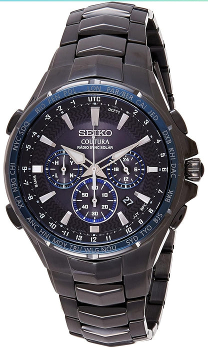 SEIKO-horlosie vir Mans - Coutura-versameling - Radio Sync Solar Chronograph, Tweekleurige Vlekvrye Staal Kas en Armband, Swart Wysplaat met Lumibrite-wysers en -merkers, en Datumkalender