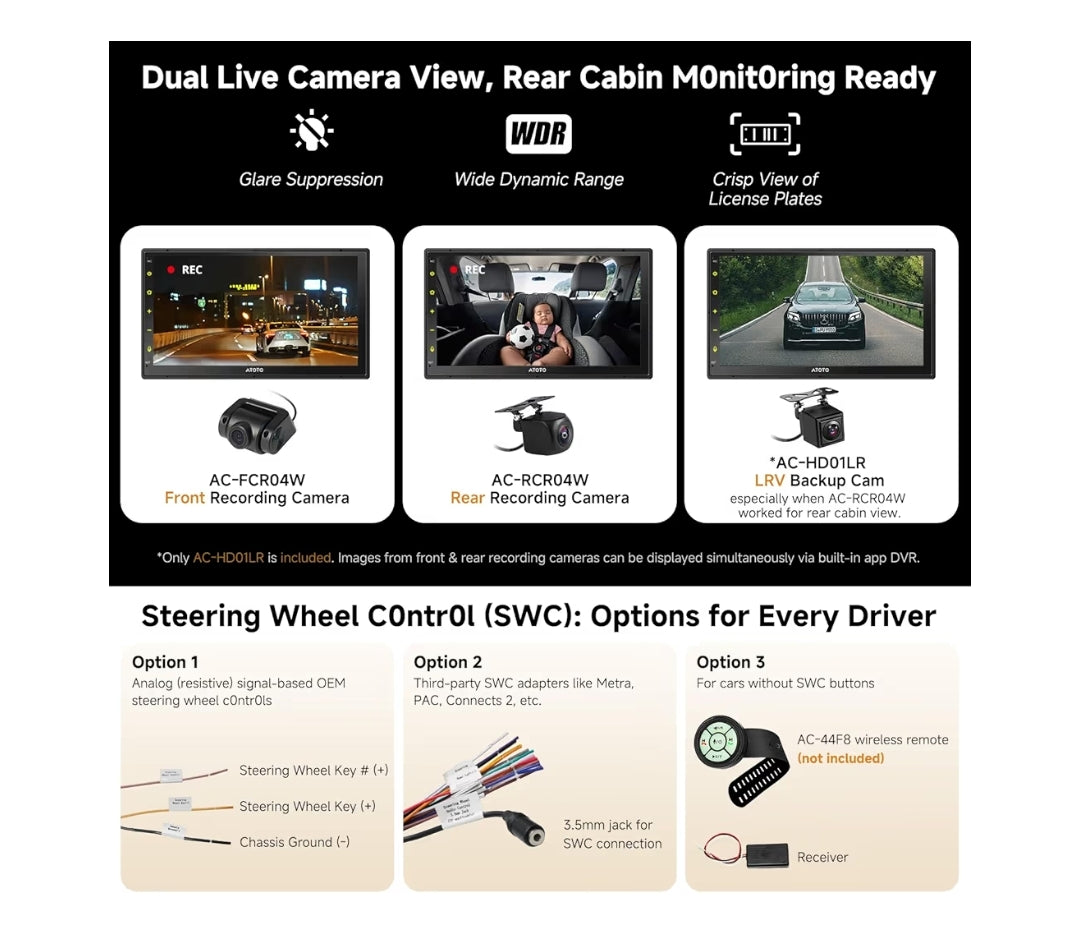 7" QLED Dubbel-DIN Kar Stereo, 8 Kern 4GB+32GB, Draadlose CarPlay & Android Auto, 4G LTE/Wi-Fi, Dubbele BT, GPS-opsporing, KI Klets, DSP, HD LRV, Agteruitry kamera