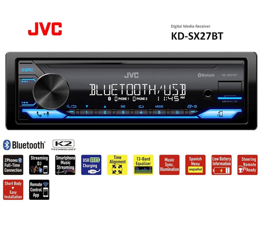 JVC KD-SX27BT Motorstereo met Bluetooth, 100W Digitale Media-ontvanger, 1.5A USB om Toestelle te Laai, Enkel DIN Hoofeenheid, AM/FM, Aux-in, JVC Afstandsbeheer Toepassing
