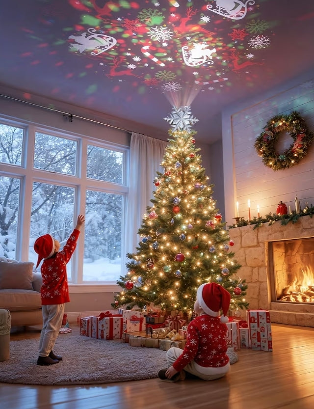 Kersboom Toppunt Verligting m/ 6 Geprojekteerde Patrone, Led Roterende Magiese Sneeuvlok, 3D Hol Glitters Verligte Versierings - (Silwer)