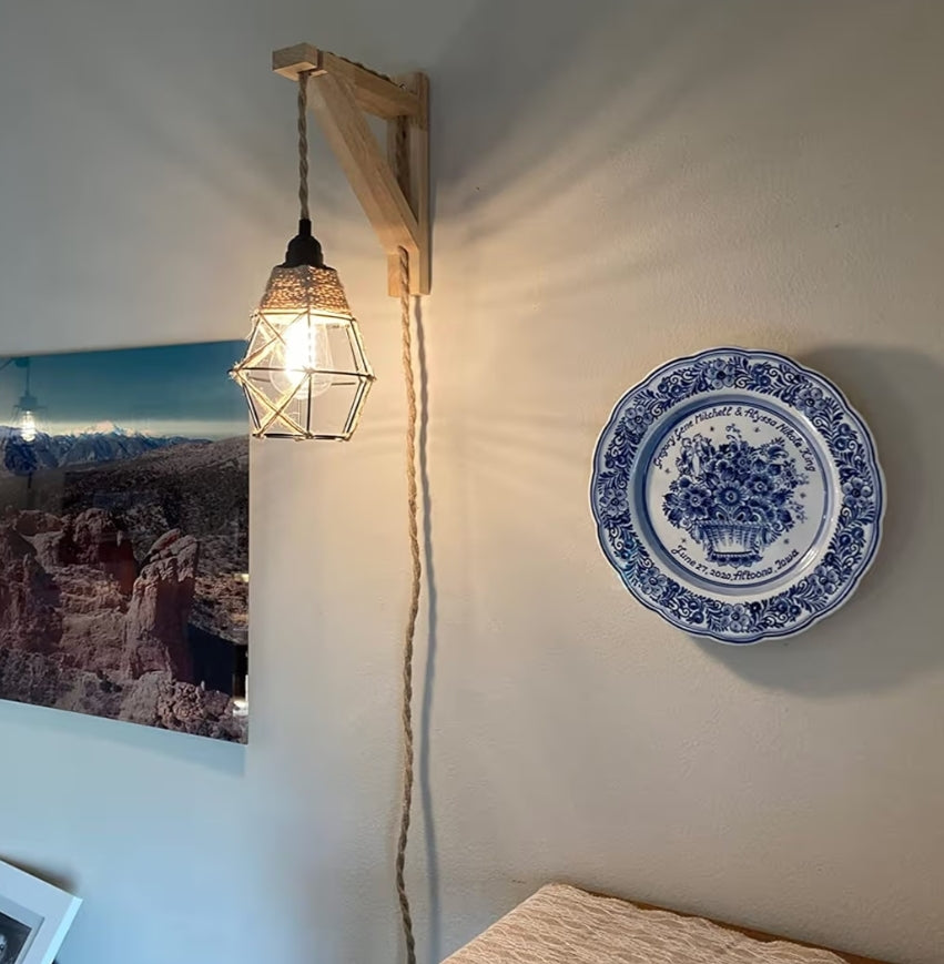 Muurlamp met Propkoord – Hanglampe wat in Muurprop Inprop, Rustieke Muurgemonteerde Lamp met Houthakbeugel en Skakelkoord